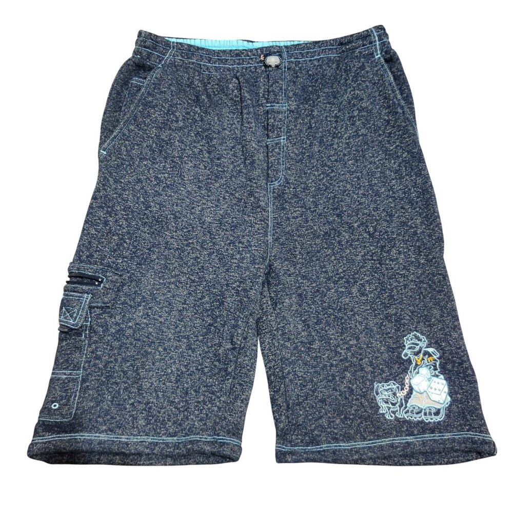 PF XXL Blue Cargo Shorts Baggy Y2K Skater Embroidered Graphic Hip Hop Vintage